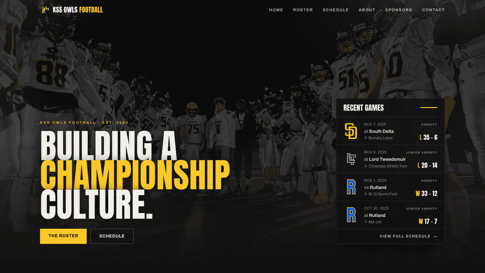 KSS Owls Football - building a championship culture. Team site with recent game results.