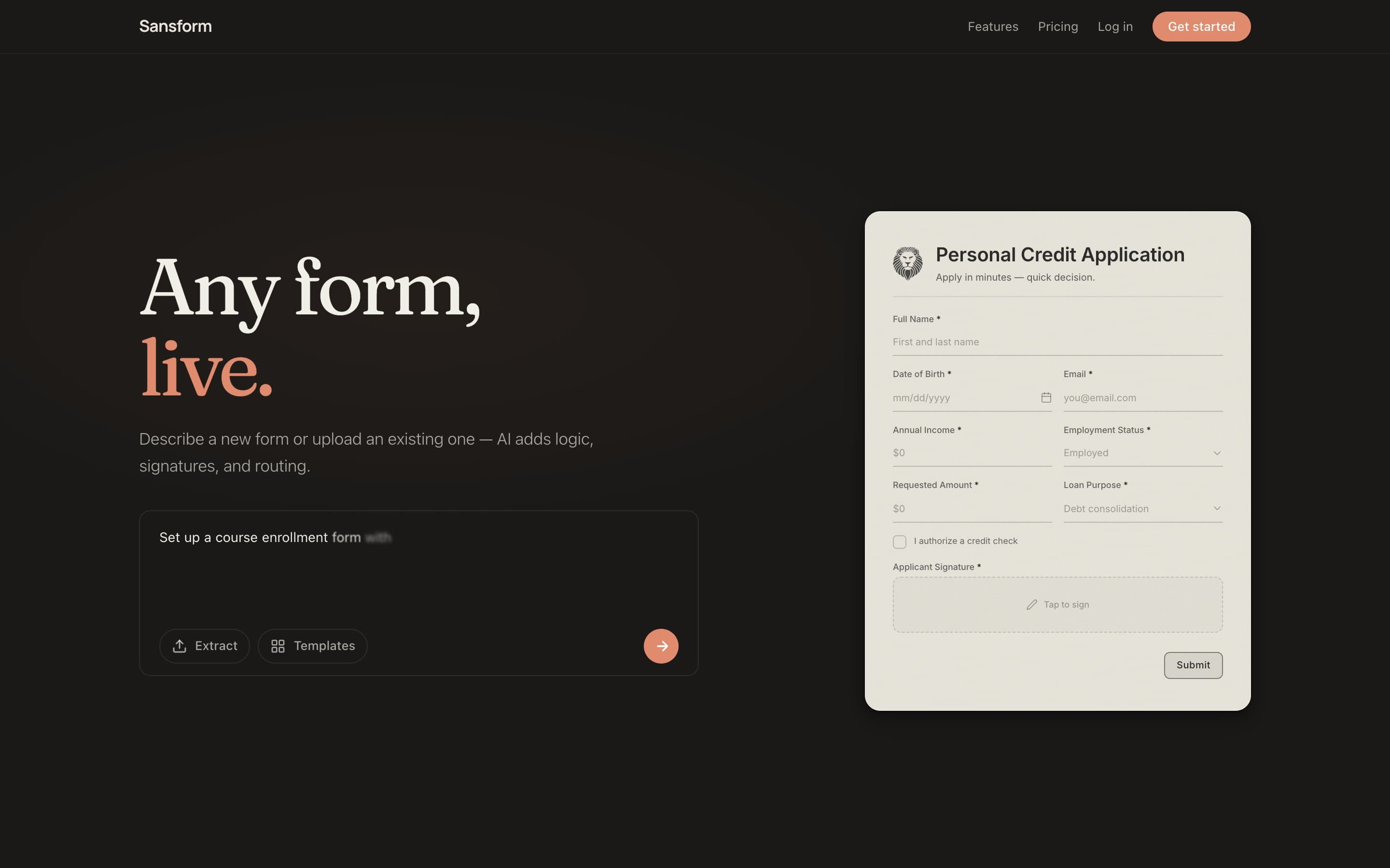 Sansform — Any form, live. AI form builder landing page with a live Personal Credit Application preview.